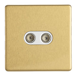 Contactum Lyric 2-Gang Female Coaxial TV Socket Brushed Brass with White Inserts