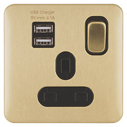 Schneider Electric Lisse Deco 13A 1-Gang SP Switched Socket + 2.1A 10.5W 2-Outlet Type A USB Charger Satin Brass with Black Inserts