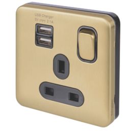 Schneider Electric Lisse Deco 13A 1-Gang SP Switched Socket + 2.1A 2-Outlet Type A USB Charger Satin Brass with Black Inserts