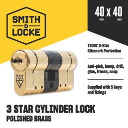 Smith & Locke Fire Rated 3 Star Diamond Double Cylinder Lock 40-40 (80mm) Polished Brass