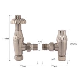 Towelrads  15mm x 1/2" Brushed Nickel Angled & L/S Traditional Manual Radiator Valve & Lockshield  2 Pack