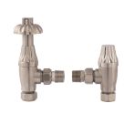 Towelrads  15mm x 1/2" Brushed Nickel Angled & L/S Traditional Manual Radiator Valve & Lockshield  2 Pack