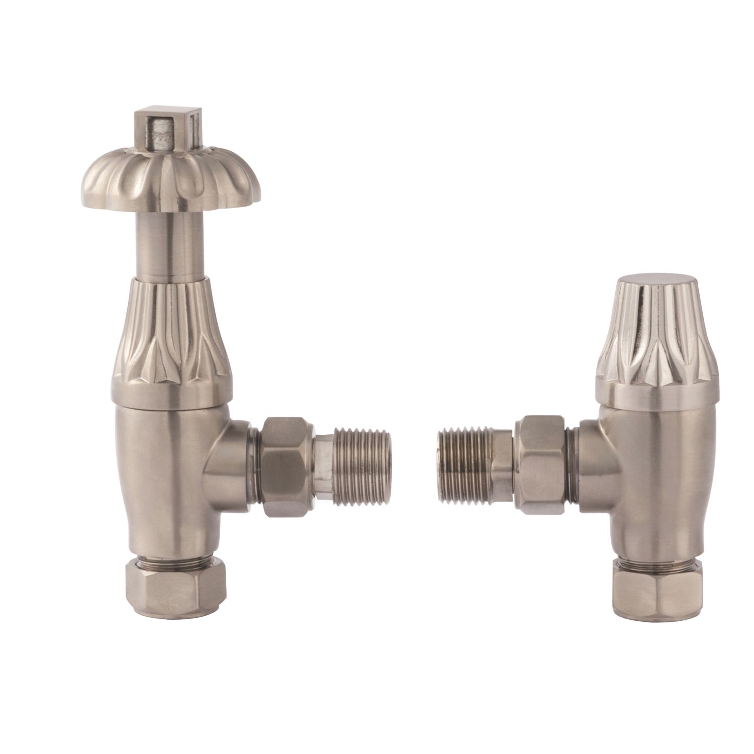 Towelrads 15mm x 1/2" Brushed Nickel Angled & L/S Traditional Manual Radiator Valve & Lockshield 2 Pack (300RY)