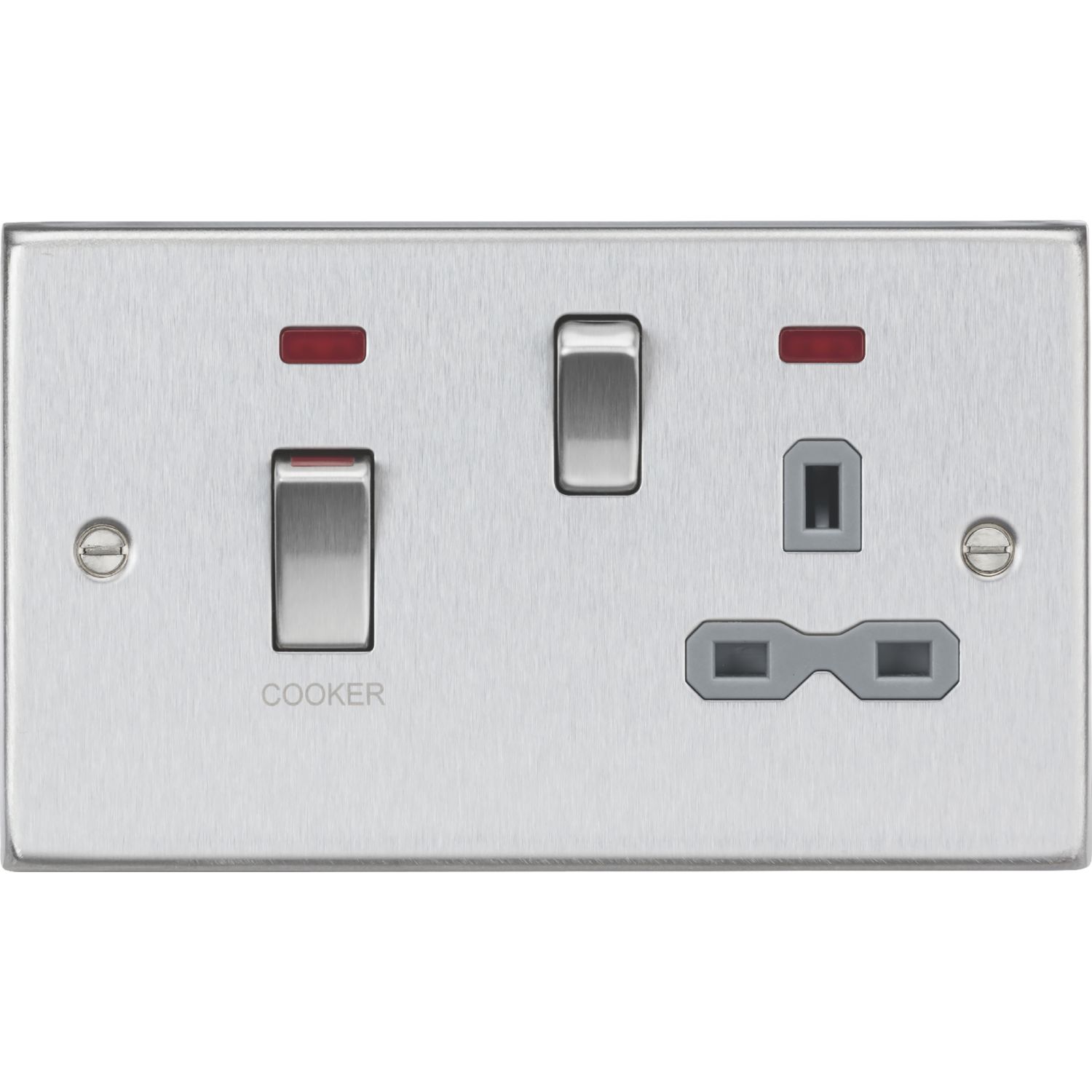 Knightsbridge 45A 2-Gang DP Cooker Switch & 13A DP Switched Socket Brushed Chrome with LED with Colour-Matched Inserts (300VR)