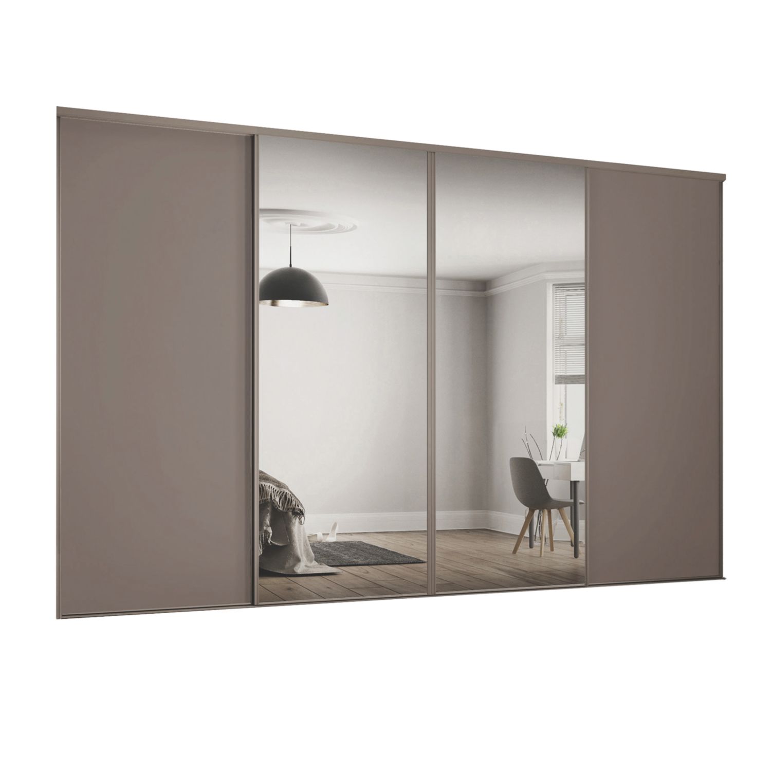 Spacepro Classic 4-Door Sliding Wardrobe Door Kit Stone Grey Frame Stone Grey / Mirror Panel 2978mm x 2260mm (301GK)