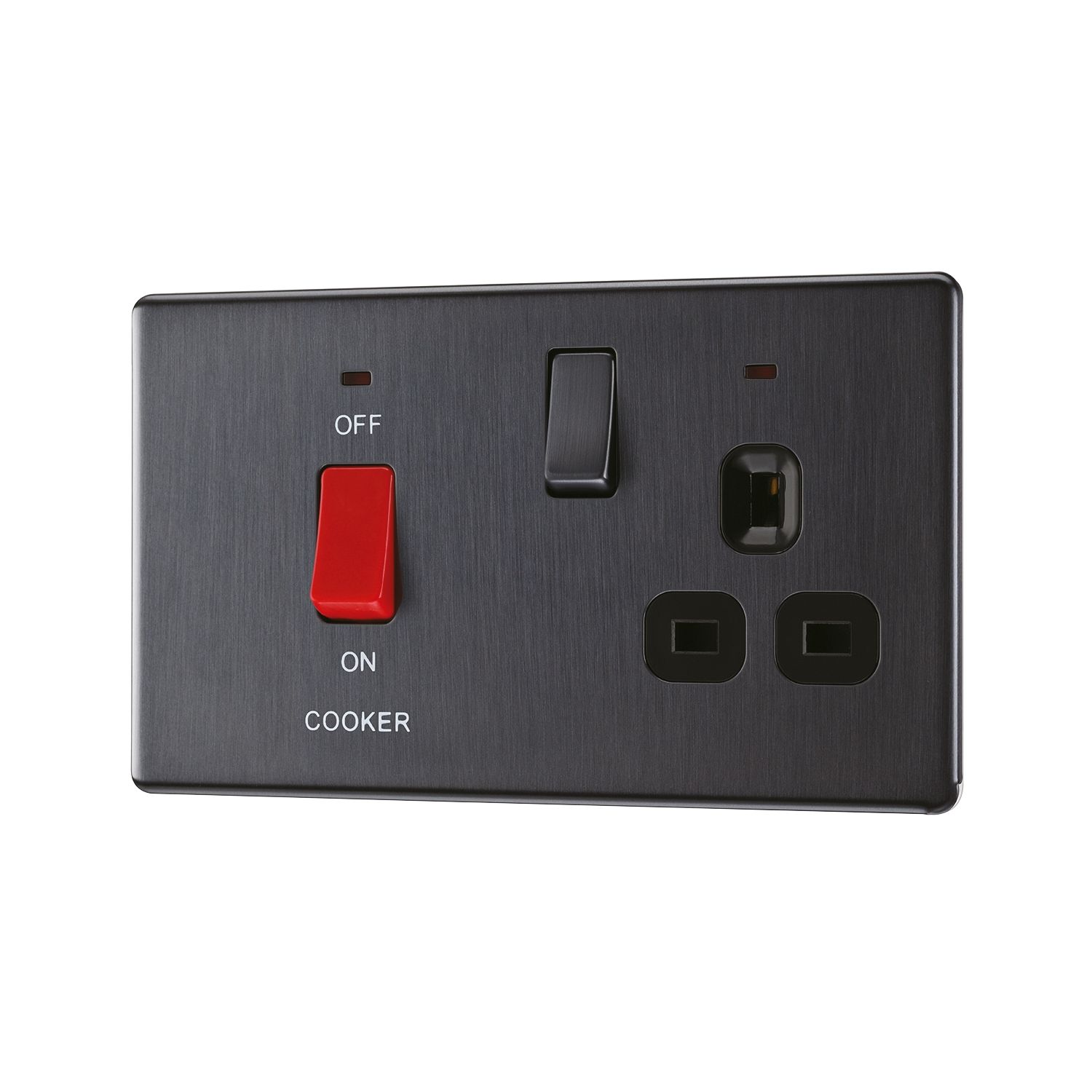 LAP 45A 2-Gang DP Cooker Switch & 13A DP Switched Socket Slate Grey with LED with Black Inserts (301KJ)