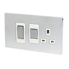 LAP  45A 2-Gang DP Cooker Switch & 13A DP Switched Socket Brushed Chrome  with White Inserts