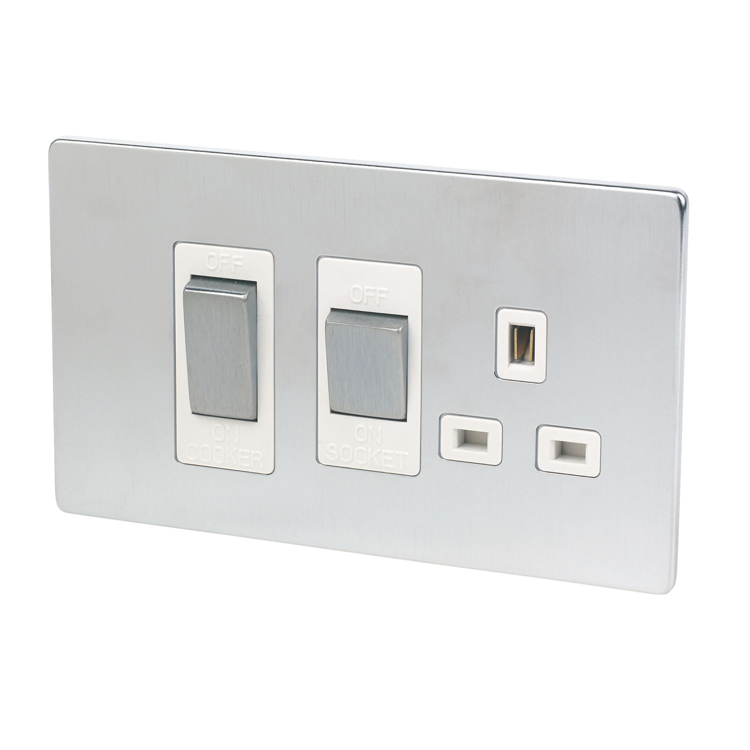 LAP 45A 2-Gang DP Cooker Switch & 13A DP Switched Socket Brushed Chrome with White Inserts (30288)