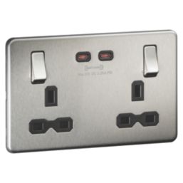 Knightsbridge  13A 2-Gang DP Switched Socket + 3.25A 65W 2-Outlet Type C USB Charger Brushed Chrome with Black Inserts