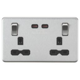 Knightsbridge  13A 2-Gang DP Switched Socket + 3.25A 65W 2-Outlet Type C USB Charger Brushed Chrome with Black Inserts