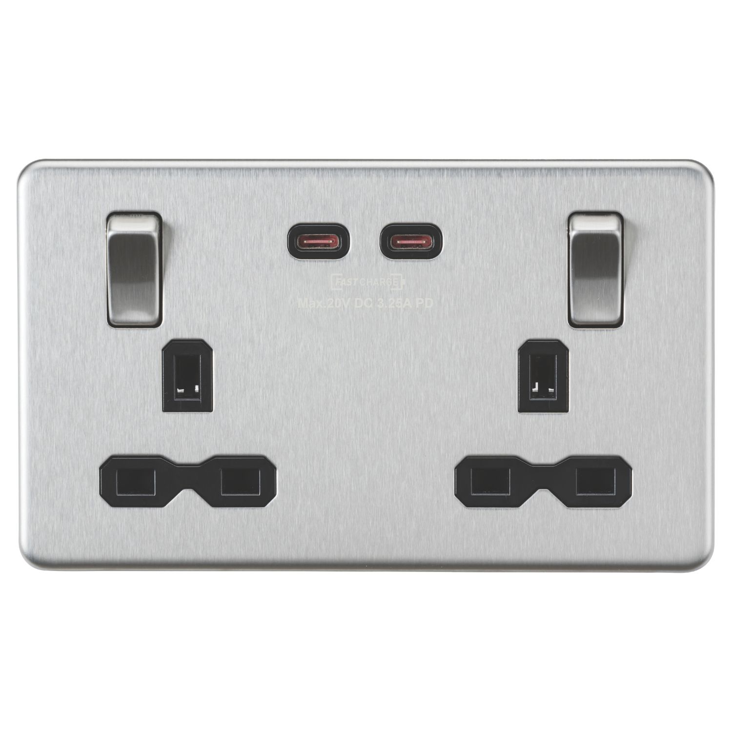Knightsbridge 13A 2-Gang DP Switched Socket + 3.25A 65W 2-Outlet Type C USB Charger Brushed Chrome with Black Inserts (303CR)