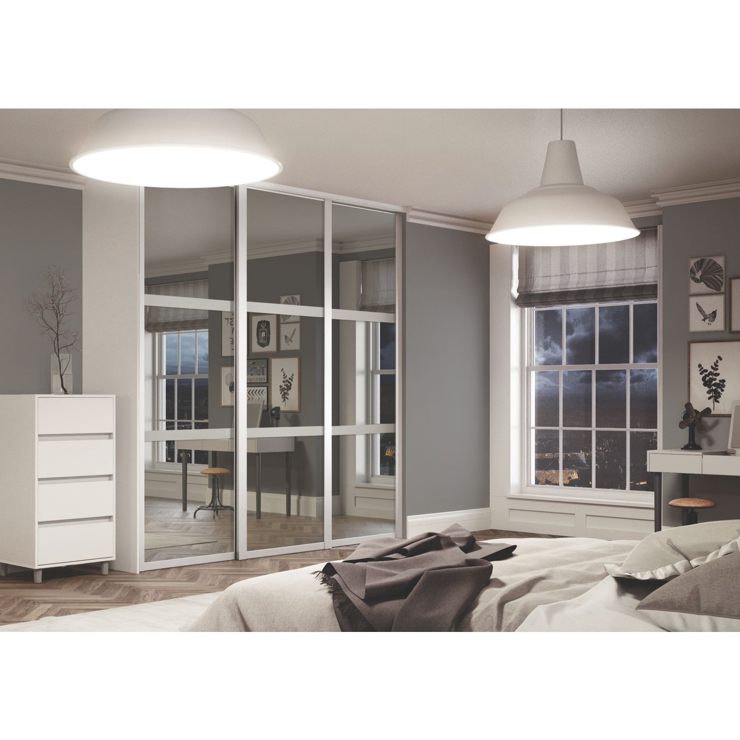 Spacepro Shaker 3-Door Sliding Wardrobe Door Kit White Frame Mirror Panel 2216mm x 2260mm (305KJ)