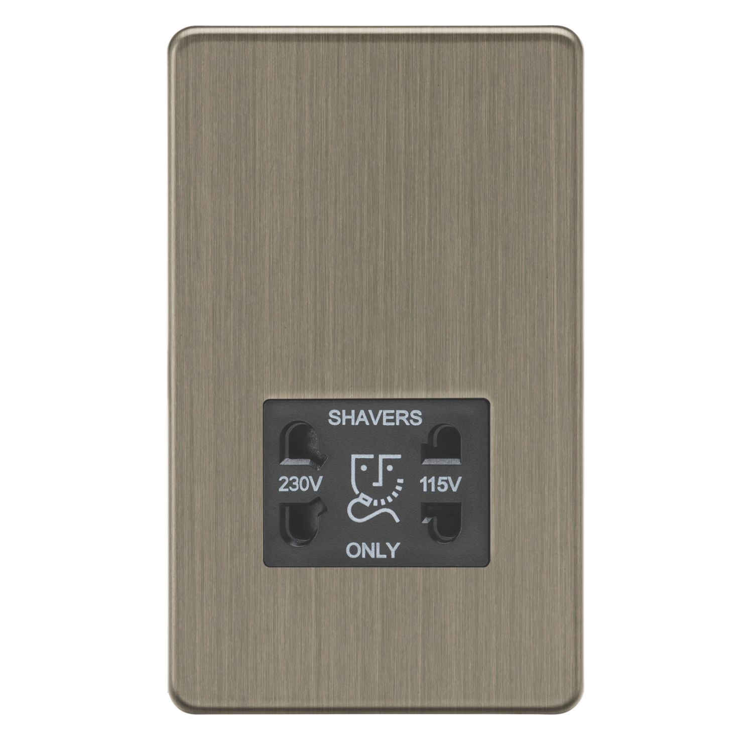 Knightsbridge Screwless 2-Gang Dual Voltage Shaver Socket 115/230V AC Antique Brass with Black Inserts (306CR)