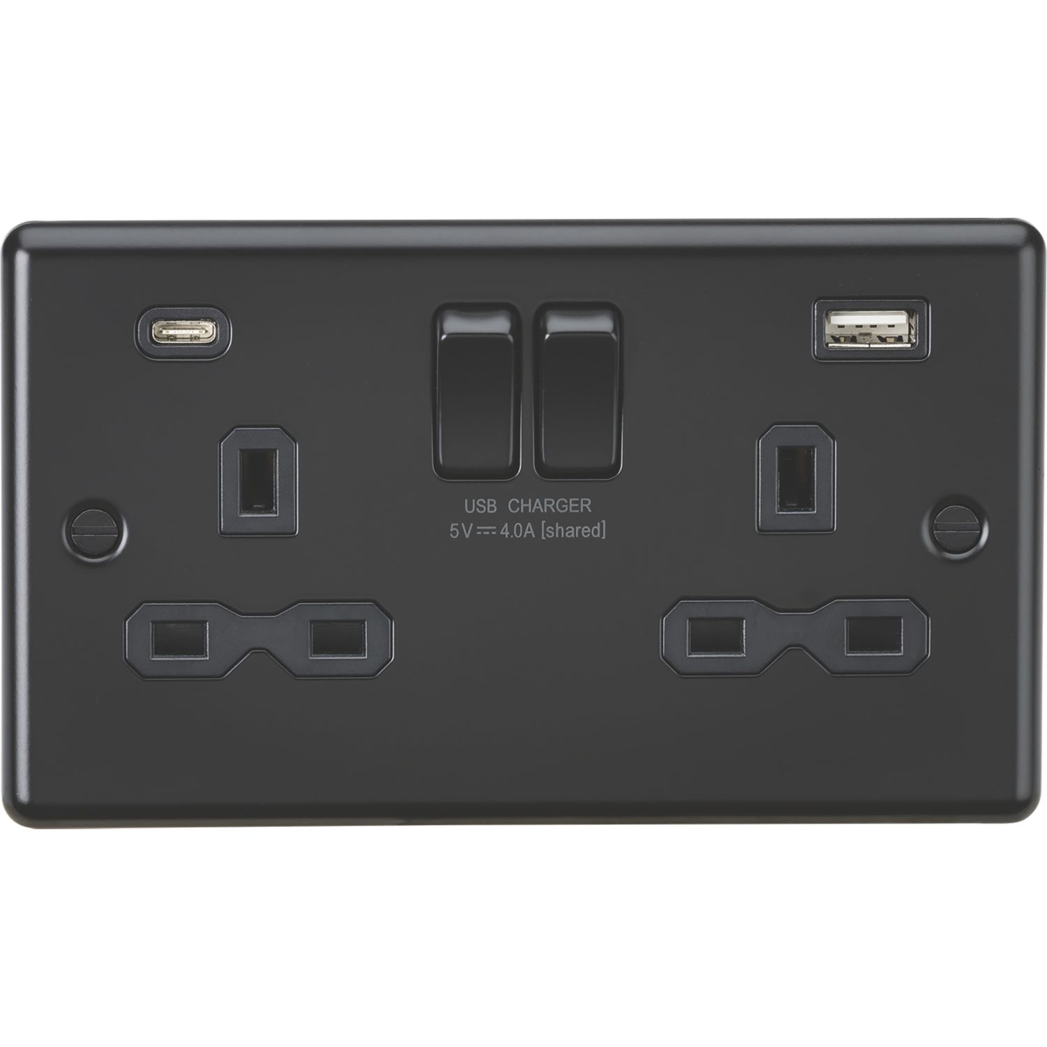 Knightsbridge 13A 2-Gang SP Switched Socket + 4.0A 20W 2-Outlet Type A & C USB Charger Matt Black with Black Inserts (308PY)