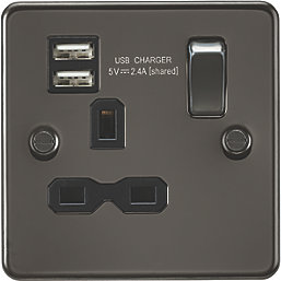 Knightsbridge  13A 1-Gang SP Switched Socket + 2.4A 2-Outlet Type A USB Charger Gunmetal with Black Inserts