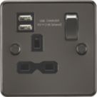 Knightsbridge  13A 1-Gang SP Switched Socket + 2.4A 12W 2-Outlet Type A USB Charger Gunmetal with Black Inserts