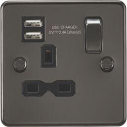 Knightsbridge  13A 1-Gang SP Switched Socket + 2.4A 12W 2-Outlet Type A USB Charger Gunmetal with Black Inserts