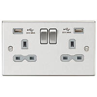 Knightsbridge CS9224BCG 13A 2-Gang SP Switched Socket + 2.4A 2-Outlet Type A USB Charger Brushed Chrome with Colour-Matched Inserts