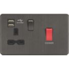 Knightsbridge  45A 1-Gang DP Cooker Switch & 13A DP Switched Socket + 2.4A 12W 2-Outlet Type A USB Charger Smoked Bronze  with Black Inserts