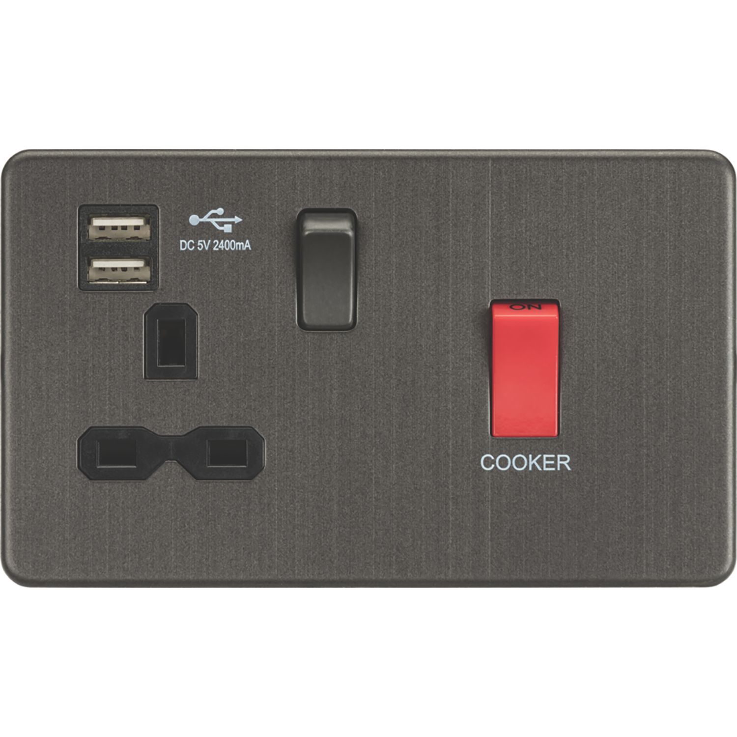 Knightsbridge 45A 1-Gang DP Cooker Switch & 13A DP Switched Socket + 2.4A 12W 2-Outlet Type A USB Charger Smoked Bronze with Black Inserts (309VF)