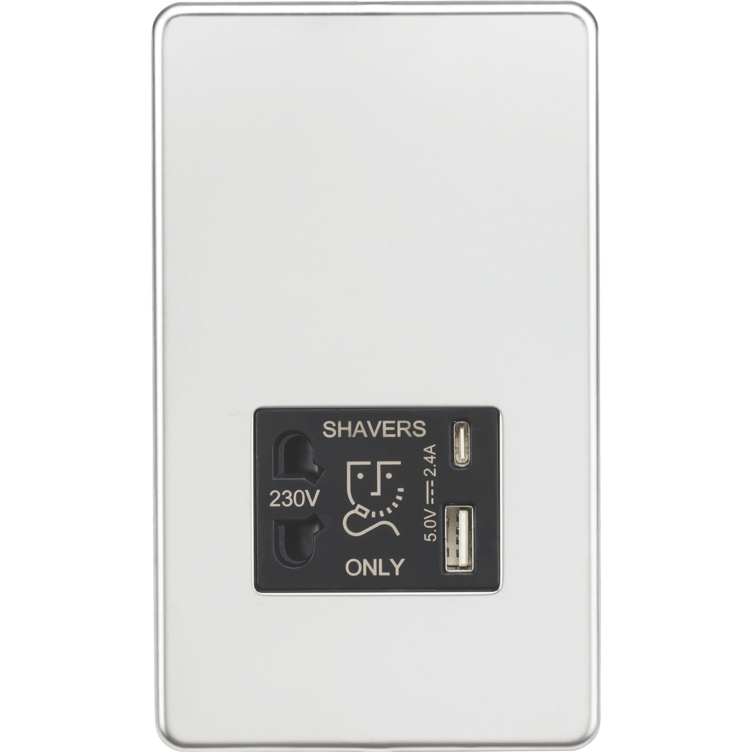 Knightsbridge 2-Gang Single Voltage Shaver Socket+ 2.4A 12W 2-Outlet Type A & C USB Charger 230V Polished Chrome with Black Inserts (310PY)