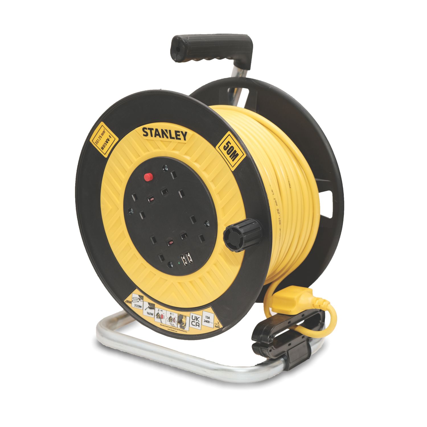Stanley 13A 4-Gang 50m Cable Reel + 2.1A 2-Outlet Type A USB Charger 240V (310VA)