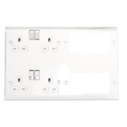British General Nexus Metal 13A 4-Gang DP Combination Plate Polished Chrome with White Inserts