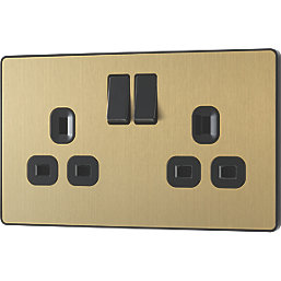 British General Evolve 13A 2-Gang SP Switched Socket Satin Brass  with Black Inserts