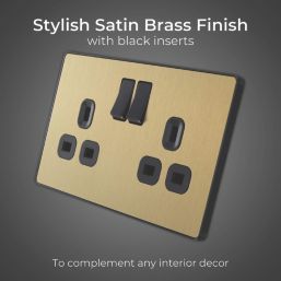 British General Evolve 13A 2-Gang SP Switched Socket Satin Brass  with Black Inserts