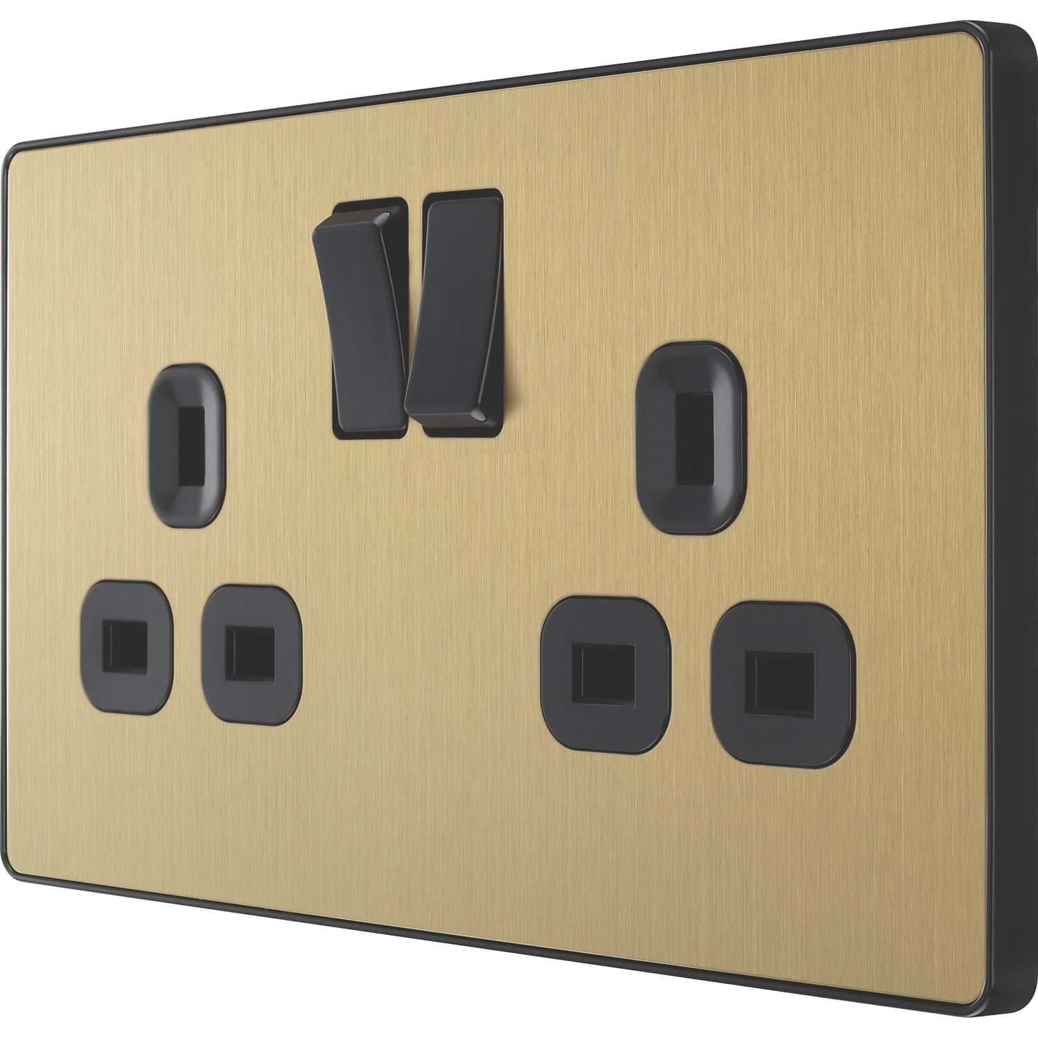 British General Evolve 13A 2-Gang SP Switched Socket Satin Brass with Black Inserts (311RF)