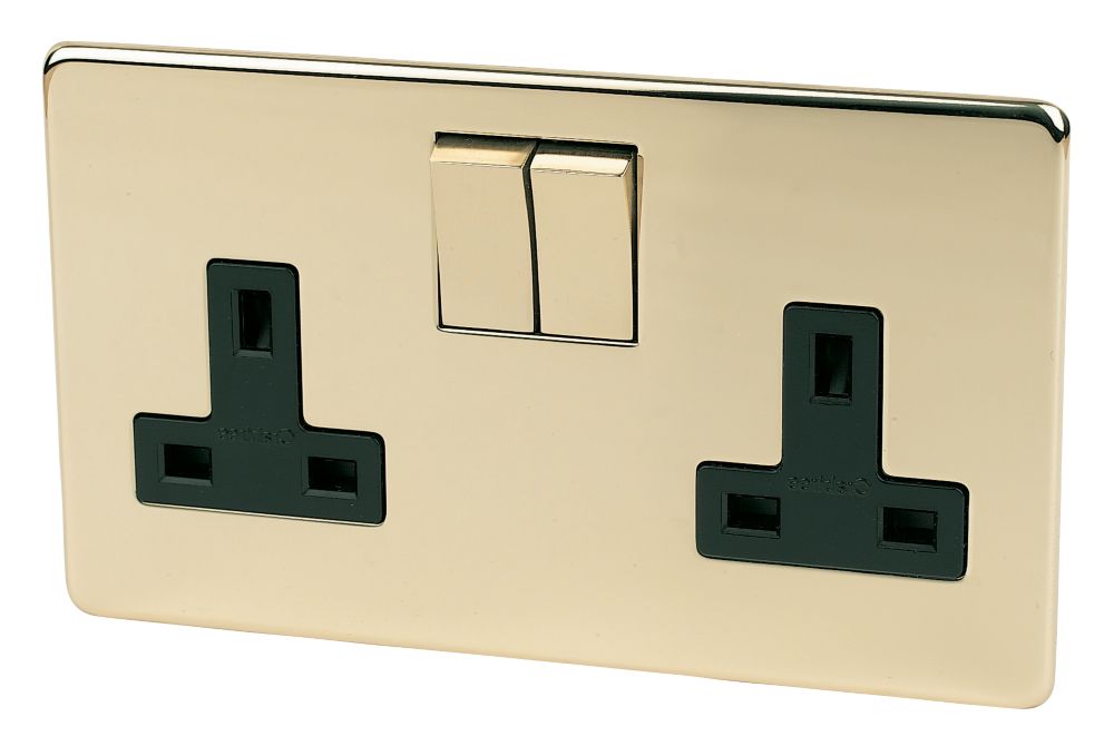 Crabtree Platinum 13A 2-Gang DP Switched Plug Socket Polished Brass  with Black Inserts