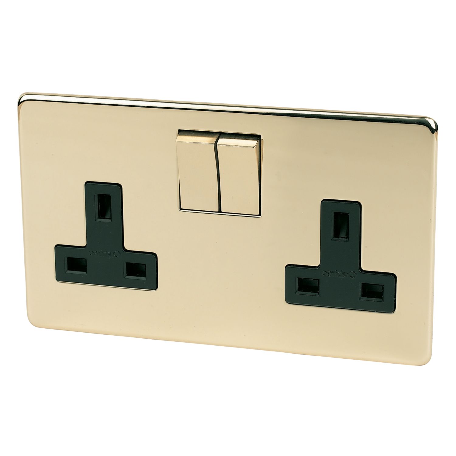 Crabtree Platinum 13A 2-Gang DP Switched Plug Socket Polished Brass with Black Inserts (31296)