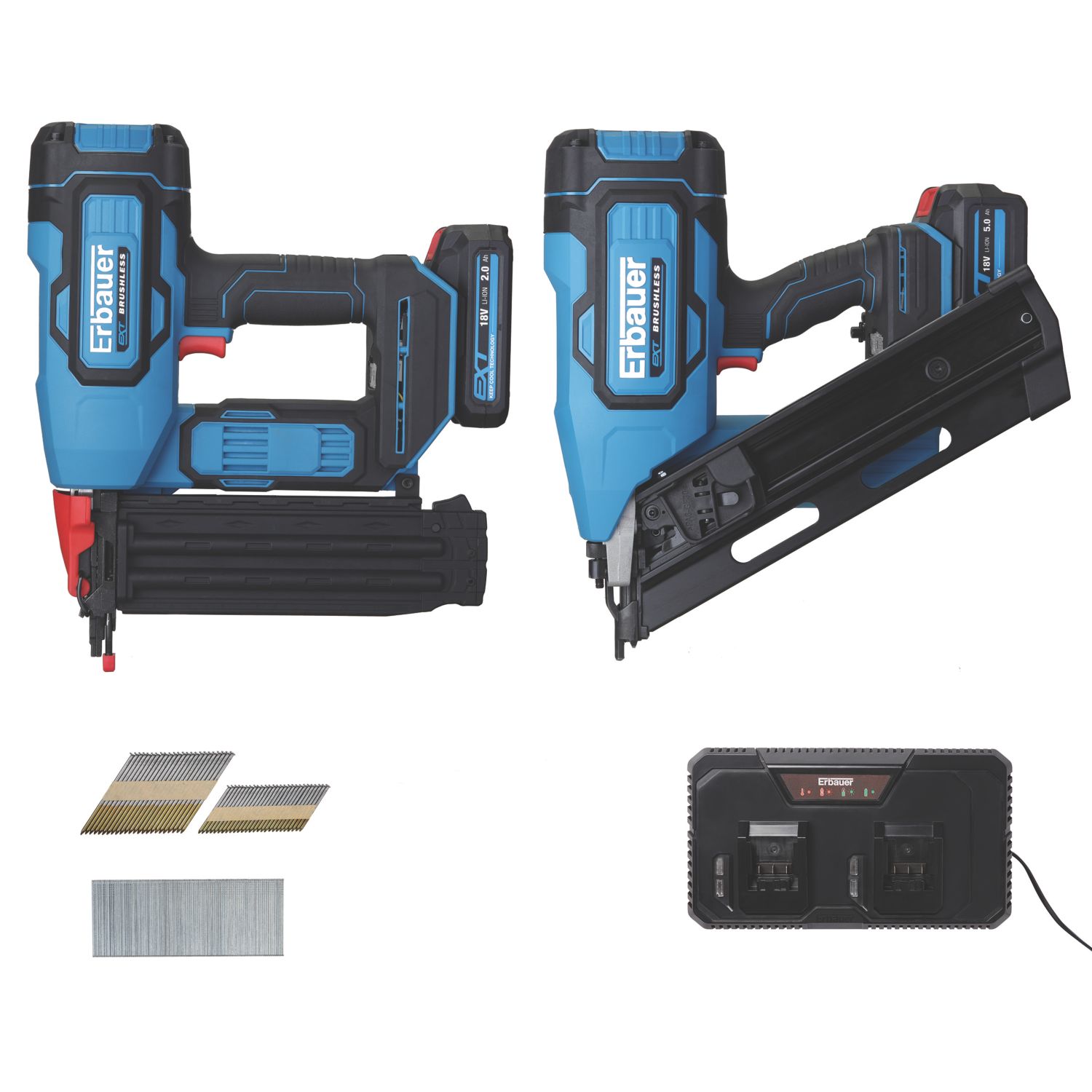 Erbauer 18V 2 x 2.0 and 5.0Ah Li-Ion EXT Brushless Cordless Twin Pack Nailer Kit (313PG)