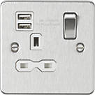 Knightsbridge FPR9124BCW 13A 1-Gang SP Switched Socket + 2.1A 2-Outlet Type A USB Charger Brushed Chrome with White Inserts
