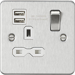 Knightsbridge  13A 1-Gang SP Switched Socket + 2.1A 2-Outlet Type A USB Charger Brushed Chrome with White Inserts