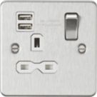 Knightsbridge  13A 1-Gang SP Switched Socket + 2.1A 12W 2-Outlet Type A USB Charger Brushed Chrome with White Inserts