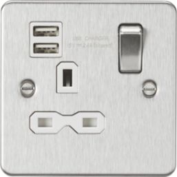 Knightsbridge  13A 1-Gang SP Switched Socket + 2.1A 12W 2-Outlet Type A USB Charger Brushed Chrome with White Inserts