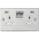 Knightsbridge FPR9224BCW 13A 2-Gang SP Switched Socket + 2.4A 2-Outlet Type A USB Charger Brushed Chrome with White Inserts