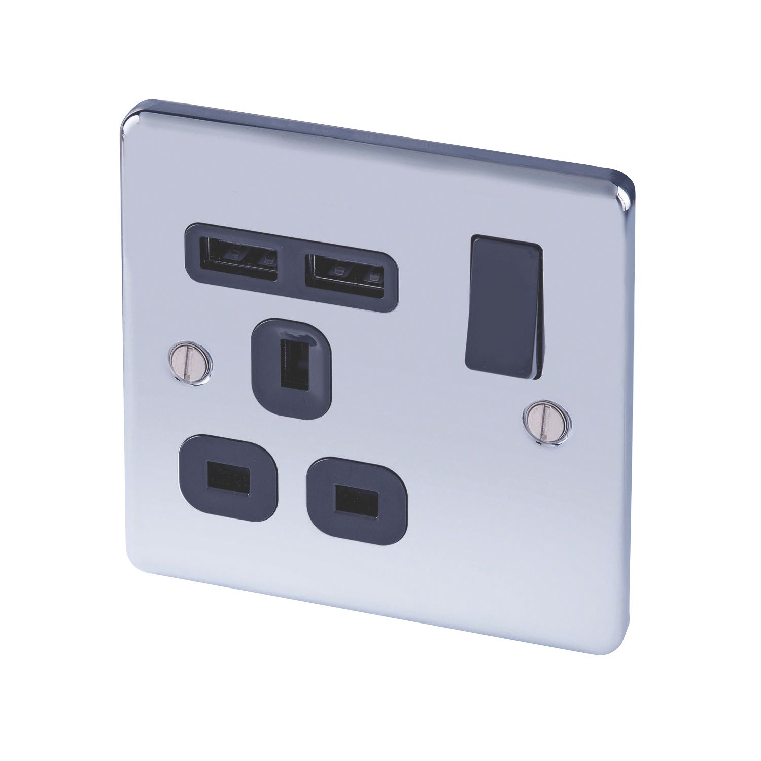 LAP 13A 1-Gang SP Switched Socket + 2.1A 10.5W 2-Outlet Type A USB Charger Polished Chrome with Black Inserts (3163F)