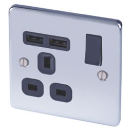 LAP  13A 1-Gang SP Switched Socket + 2.1A 2-Outlet Type A USB Charger Polished Chrome with Black Inserts