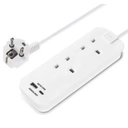 Masterplug 13A 2-Gang Unswitched  Travel Extension Lead (UK to EU) + 3.4A 2-Outlet Type A & C USB Charger White 0.45m