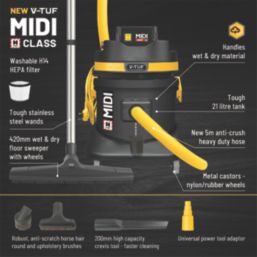 V-Tuf MIDIH240 1400W 21Ltr H Class Wet & Dry Dust Extractor 240V