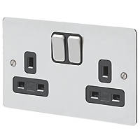 MK Edge 13A 2-Gang DP Switched Plug Socket Polished Chrome  with Black Inserts
