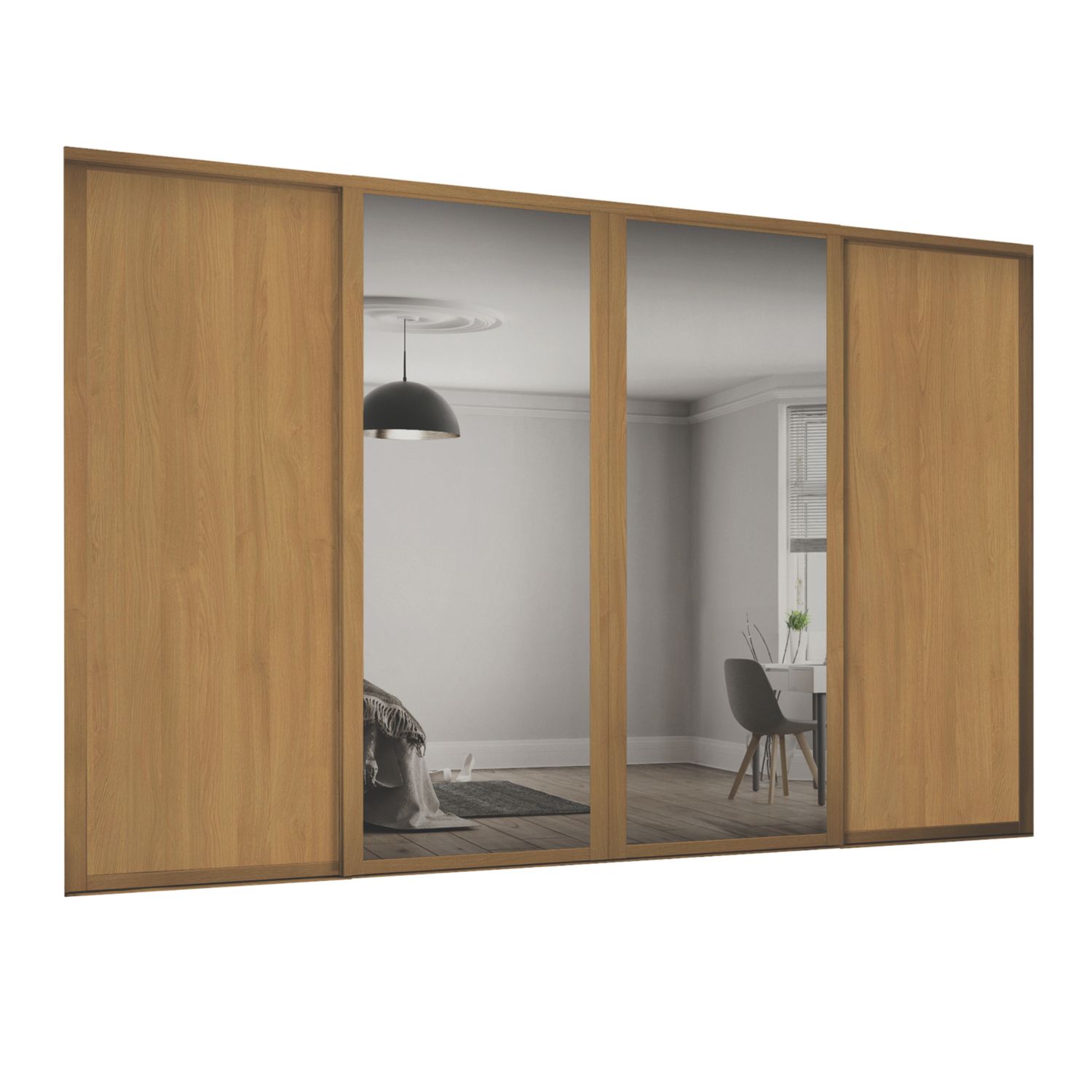 Spacepro Shaker 4-Door Sliding Wardrobe Door Kit Oak Frame Oak / Mirror Panel 2290mm x 2260mm (317GP)