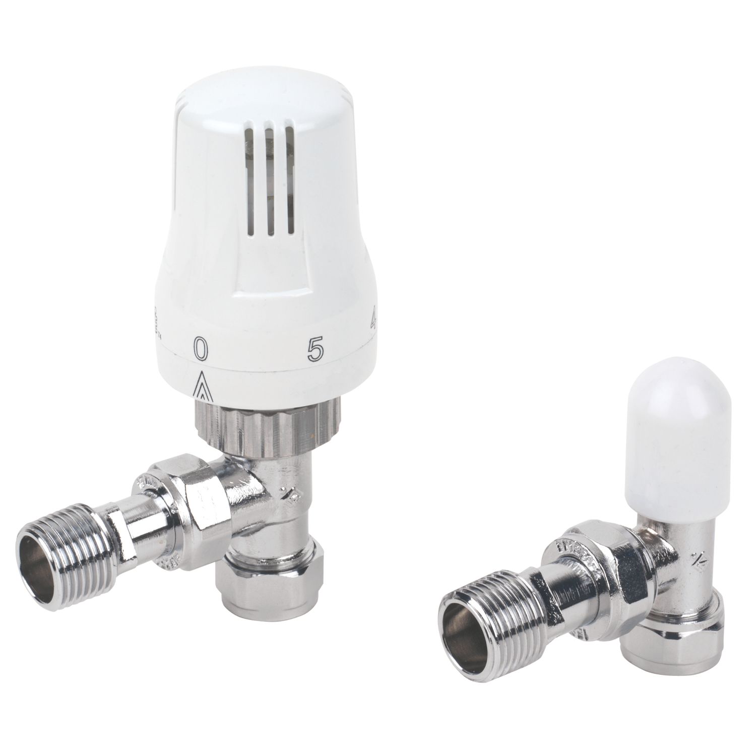 1/2" x 15mm White/Chrome Angled & L/S Modern Thermostatic Radiator Valve & Lockshield (31811)