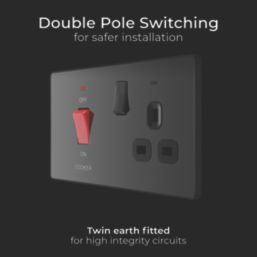 British General Evolve 45A 2-Gang 2-Pole Cooker Switch & 13A DP Switched Socket Polished Black with LED with Black Inserts