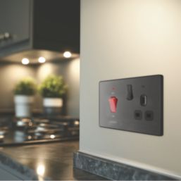 British General Evolve 45A 2-Gang 2-Pole Cooker Switch & 13A DP Switched Socket Polished Black with LED with Black Inserts