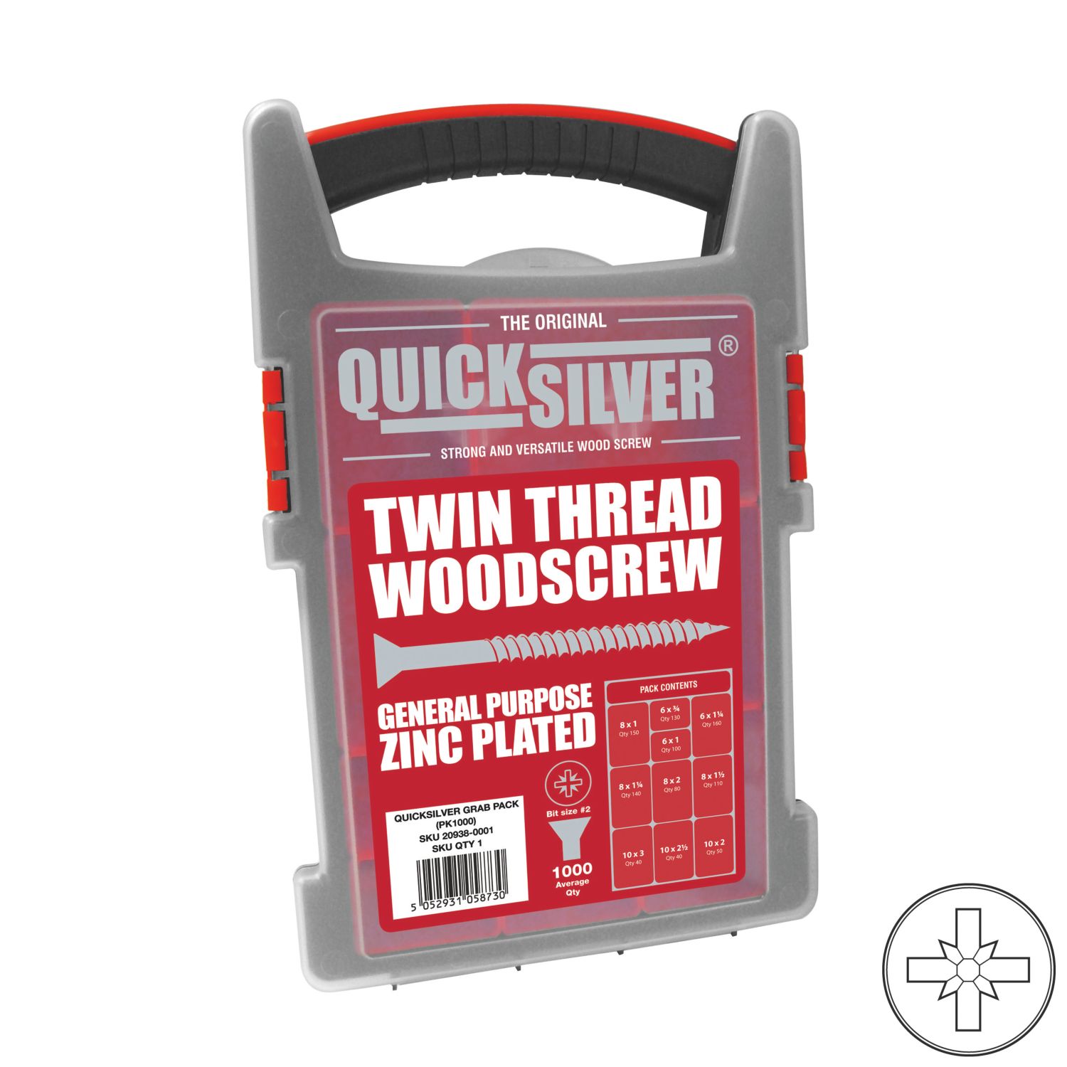 Quicksilver PZ Double-Countersunk Woodscrews Trade Case Grab Pack 1000 Pcs (32001)