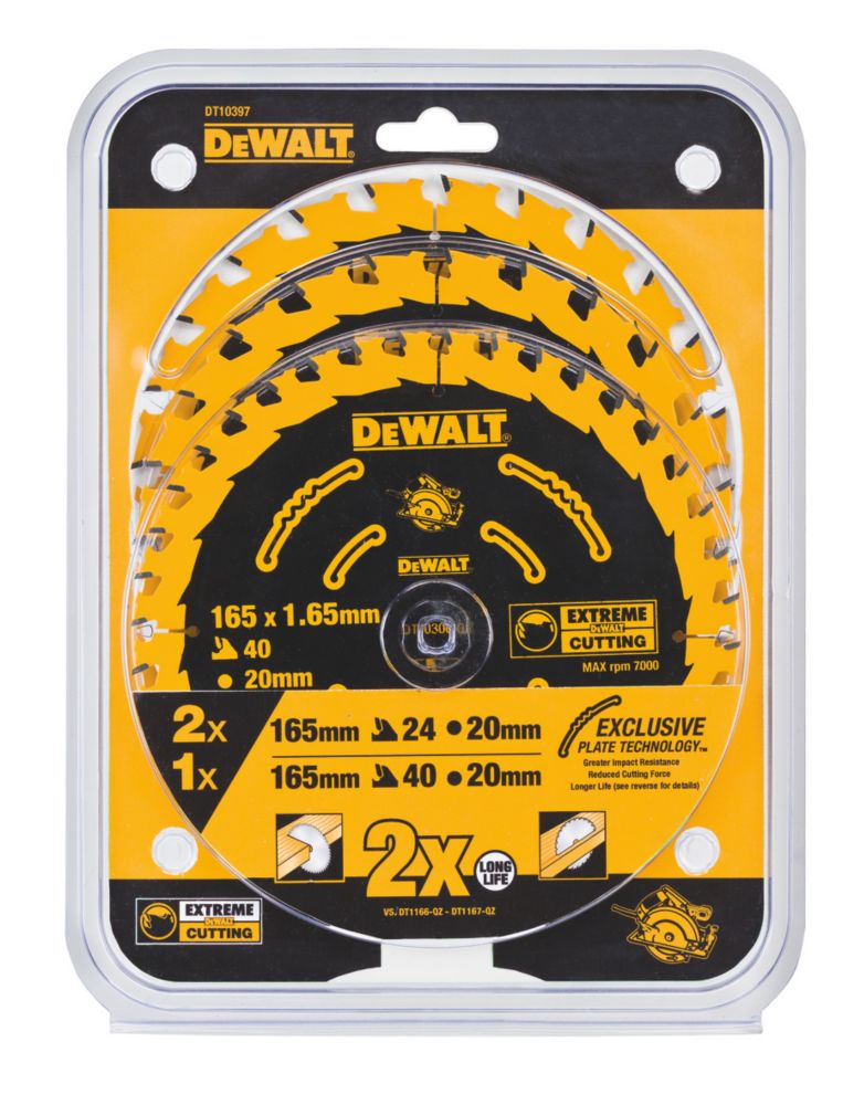 DeWalt Wood Extreme Circular Saw Blades 165mm x 20mm 24 40T 3 Pieces Screwfix