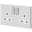 MK Aspect 13A 2-Gang DP Switched Plug Socket Polished Chrome  with White Inserts
